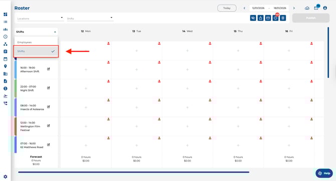 Change to shifts view