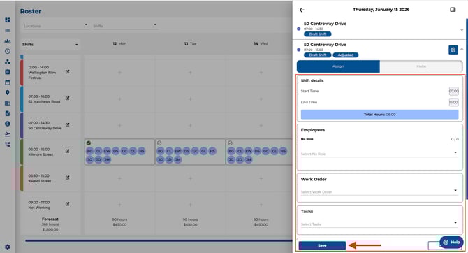 Customise shift - save