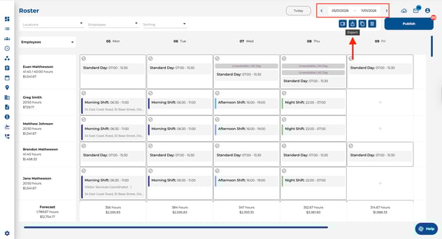 Date range and export icon
