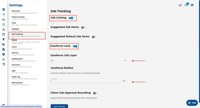 Job Tracking section on Settings