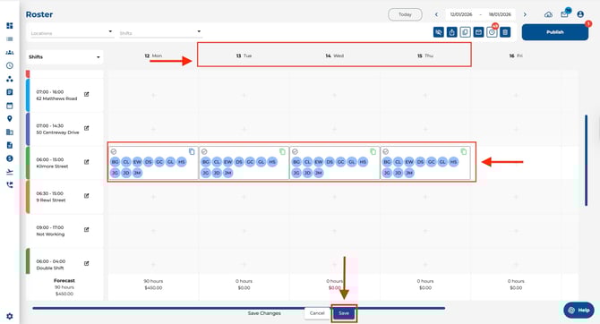 Select, paste and save shifts
