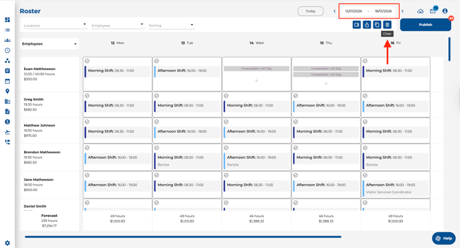 required date range and bin icon