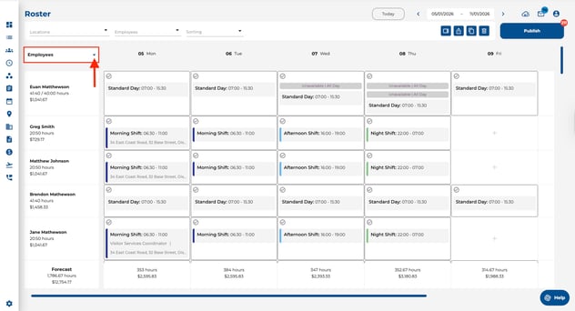 shift_employee drop down menu